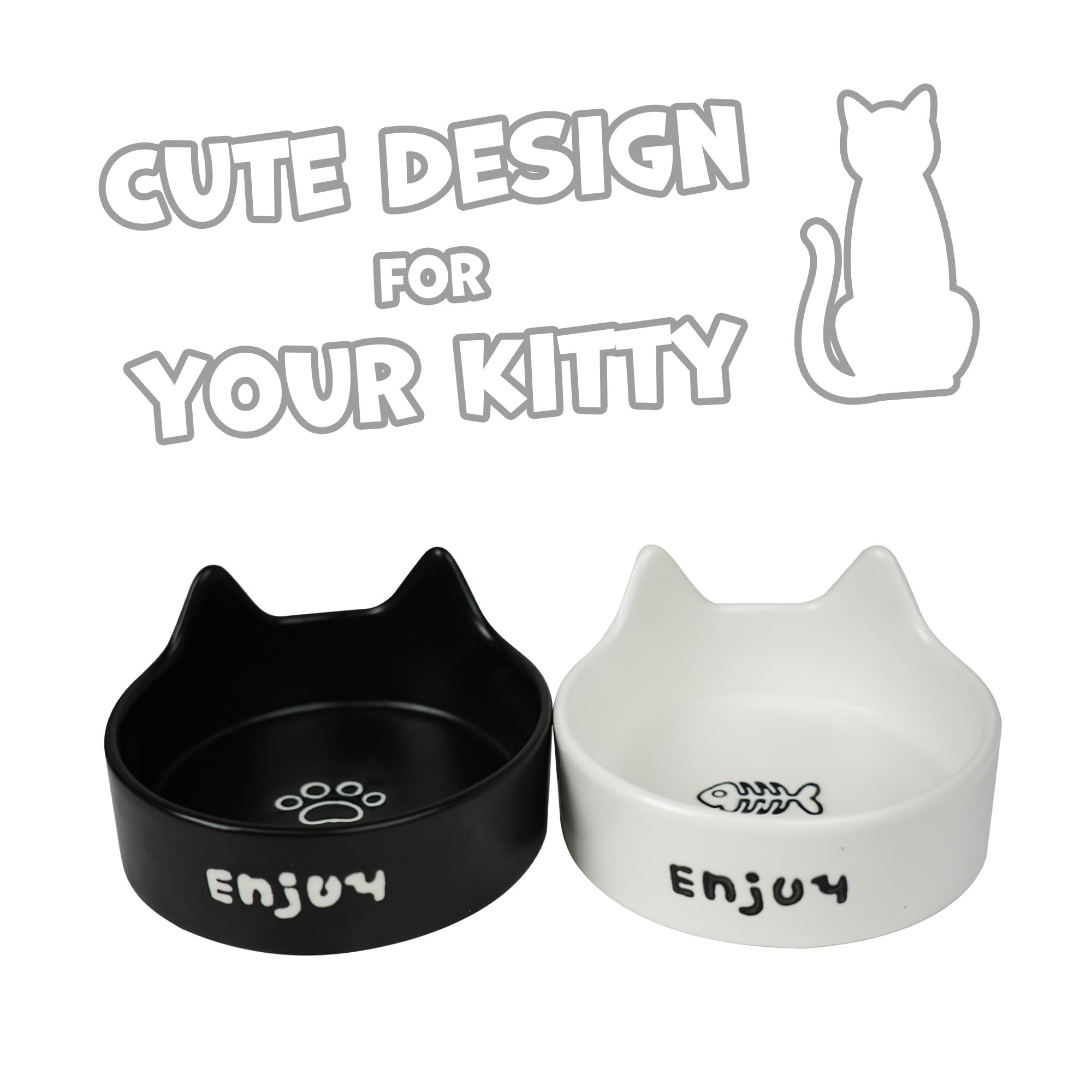Cute Small Dog Bowls with Stand, Whisker Friendly Cat Bowls Set, Heavy Duty Ceramic Food and Water Bowl, Shallow Indoor Dishs for Kittens, Black & White