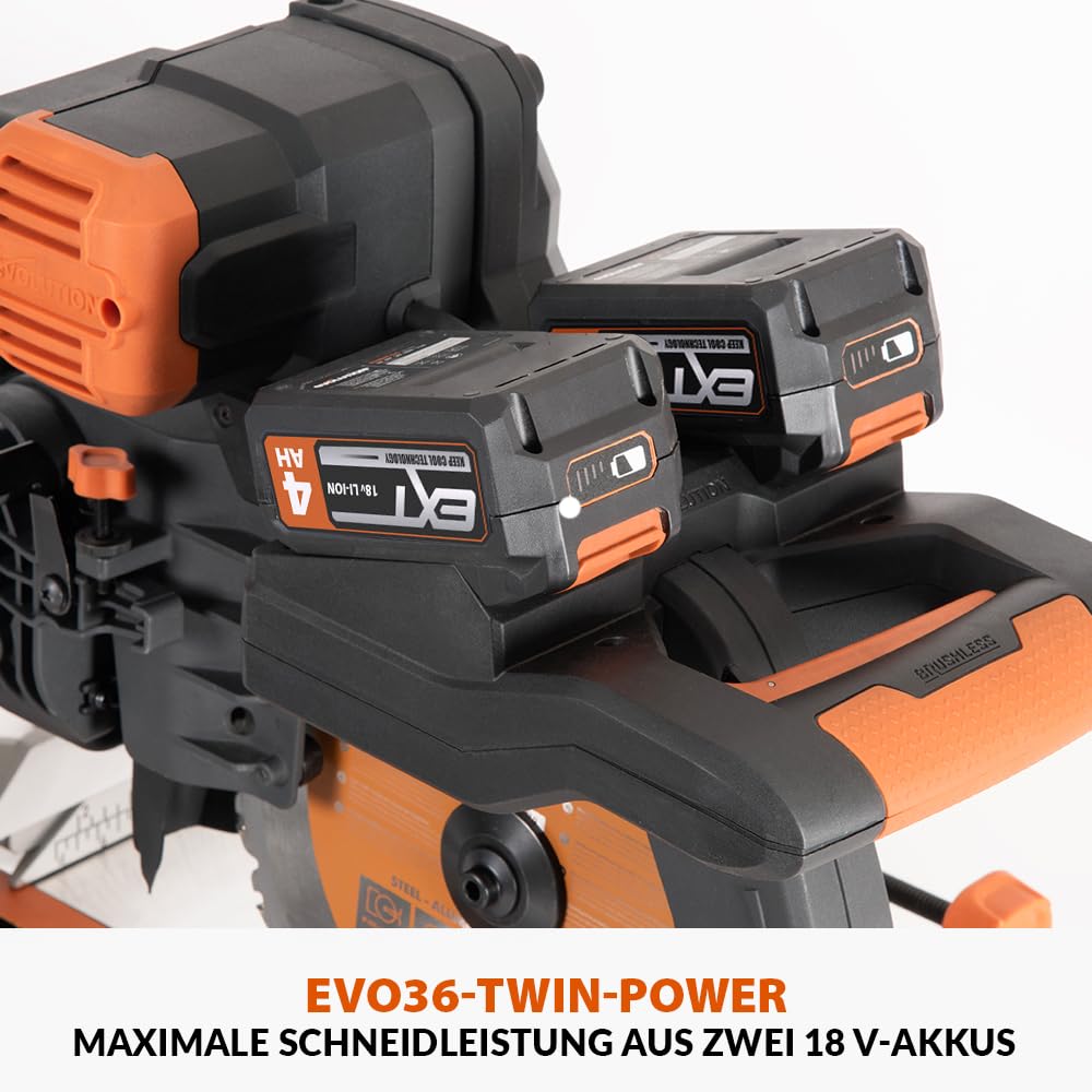 Evolution Power Tools R255SMS-DB-Li Akku-kappsäge, bürstenlosem, Gleitfunktion 2x18V Li-Ion Universalsägeblatt, schneidet Holz Metall Kunststoff, Akku im Lieferumfang inbegriffen, 255 mm
