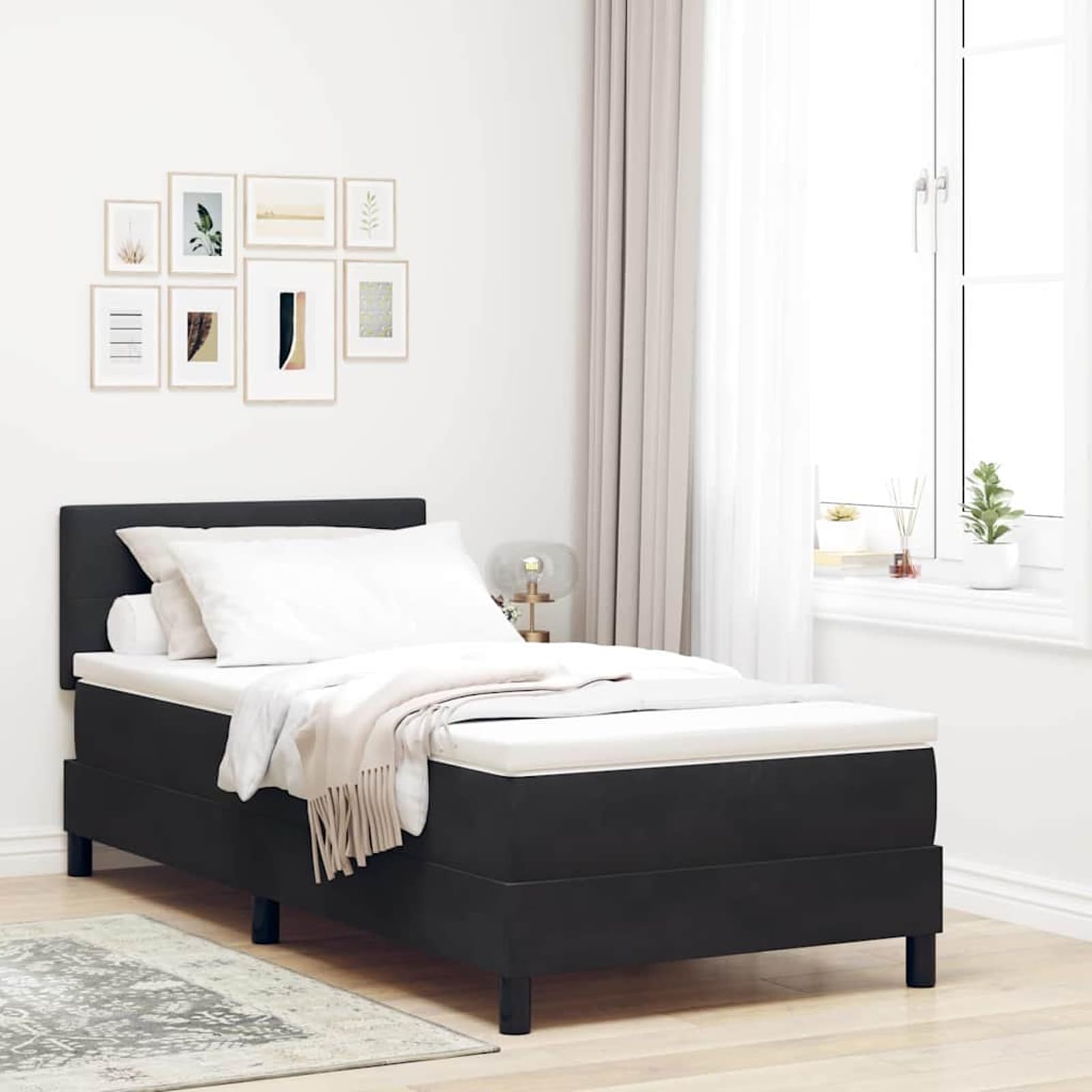 ATOMSTACK MAKER Cama con somier de 90 x 200 cm con iluminación RGB, cabecero ajustable (2 alturas), tapizado en negro aterciopelado, incluye colchón de muelles ensacados y cubrecolchón – Cama