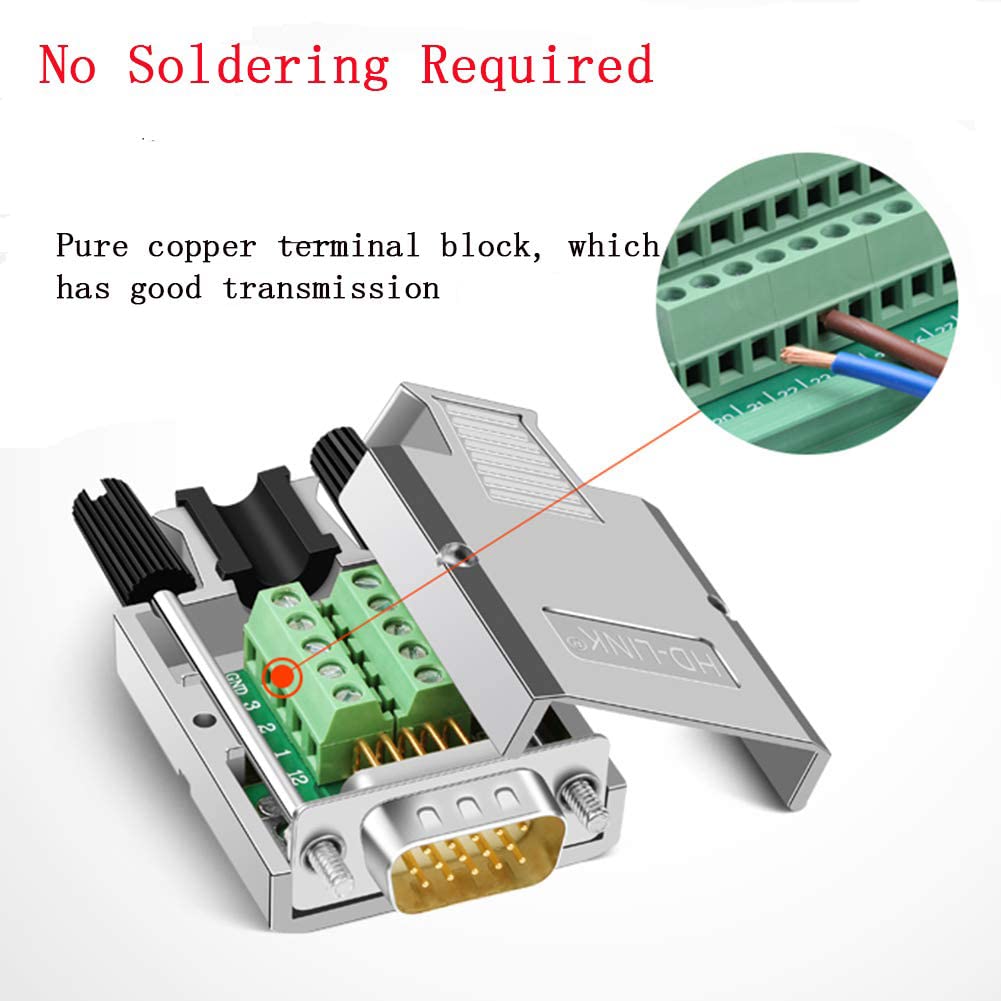 2 unids VGA DB15 adaptador hembra macho de 3 filas, 0.630 in más delgado 3+9 D-SUB 15 pin terminal de puerto sin soldadura placa conector con carcasa de metal pernos largos tubo de cola 5
