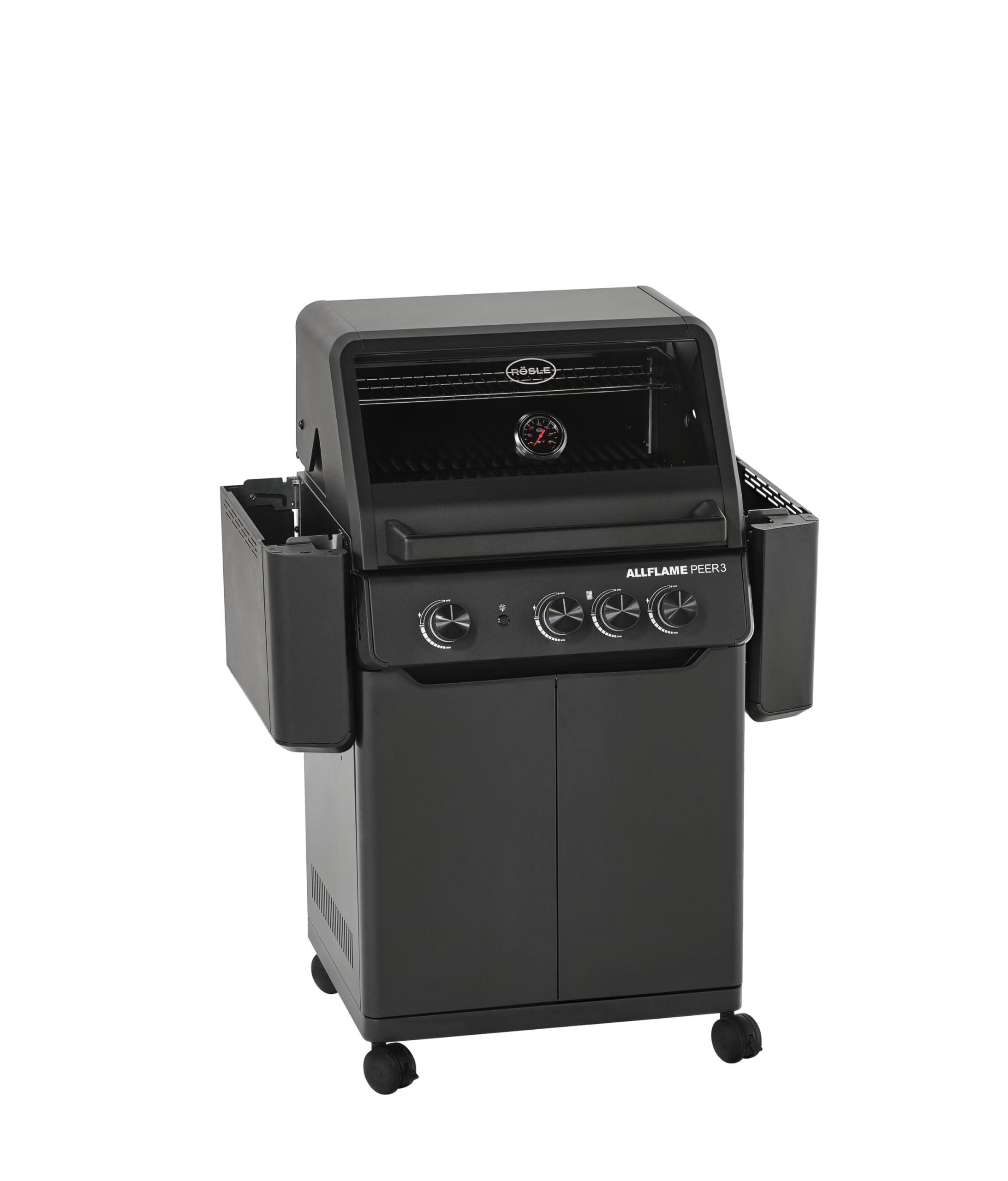 RÖSLE ALLFLAME Peer 3 Barbacoa de Gas con 3 Quemadores (3.5 kW cada uno), CRISPZONE (3 kW) hasta 450°C, Superficie de Asado 60x45 cm, Rejillas de Fundición, Fundición Inyectada de Aluminio, Negro