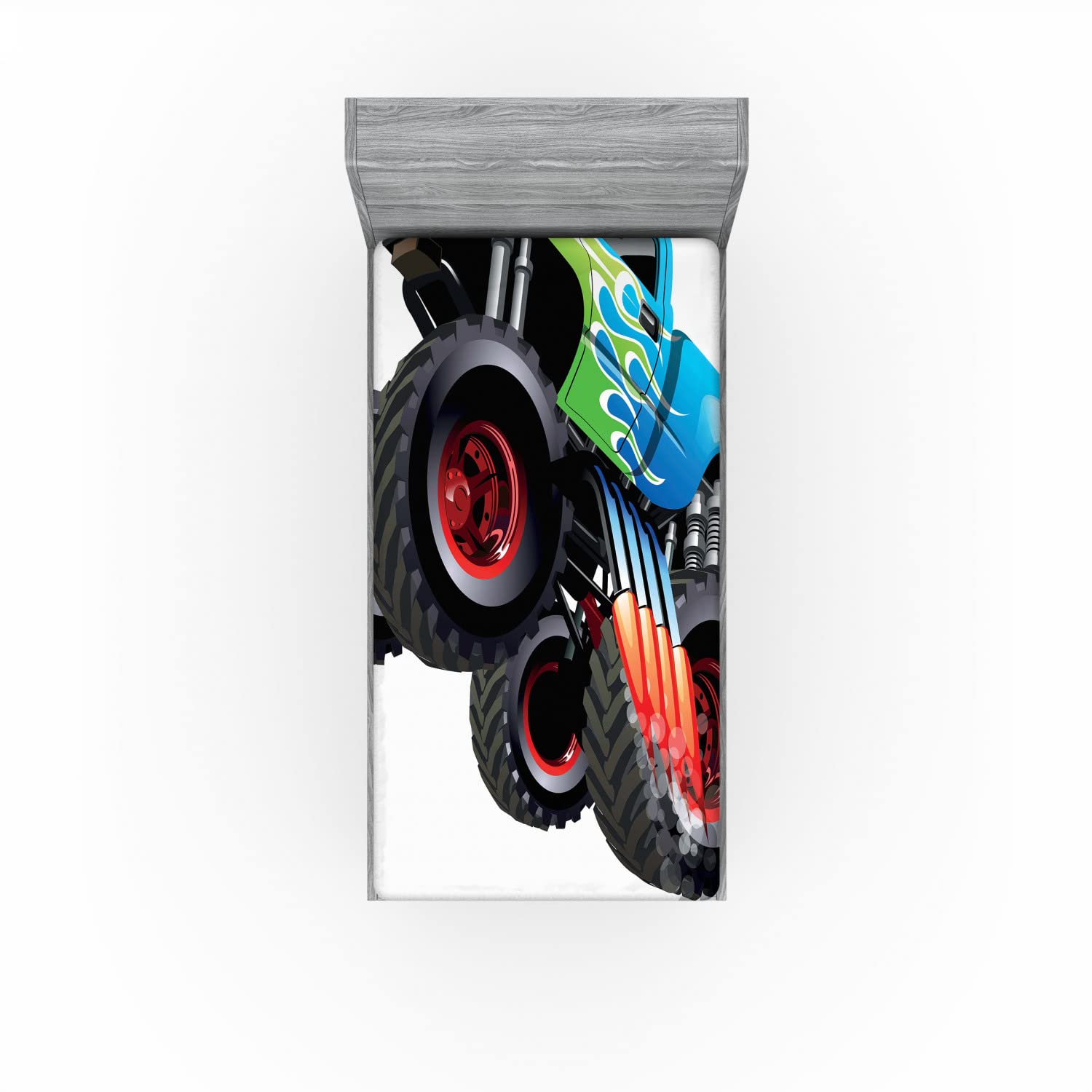 Ambesonne Cars 2 Pack Fitted Sheet, Monster Truck Cool Cartoon, Bed Cover All-Round Elastic Deep Pockets 2 Pieces, Package Contains 2 Twin Size Fitted Sheets, Black Aqua