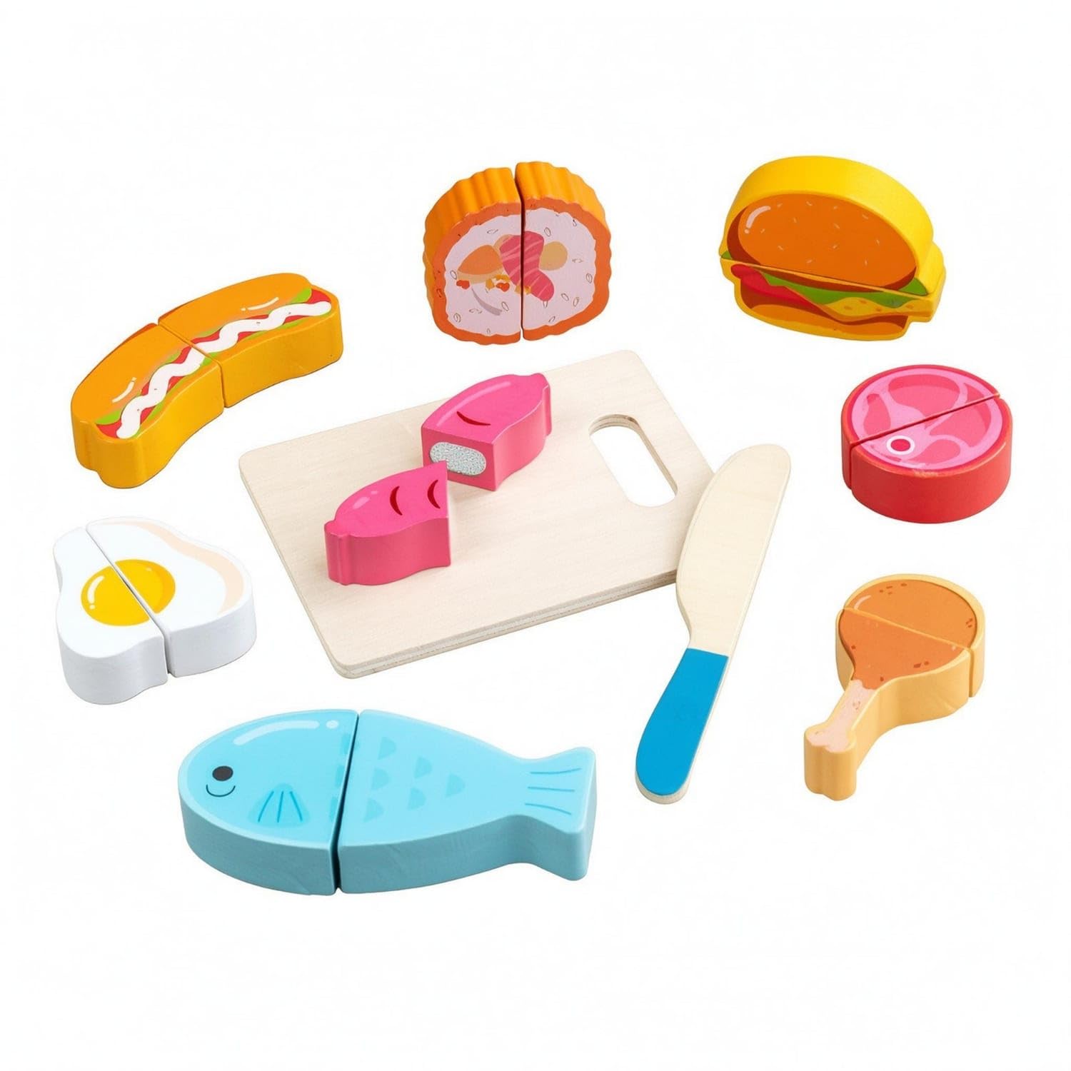 Bright Colors Pretend Food Cutting Set Smooth Edges Wooden Food Slicing Toy Printed Details Wooden Cutting Toy Fine Motor Skills for Children, Lunch-image-33