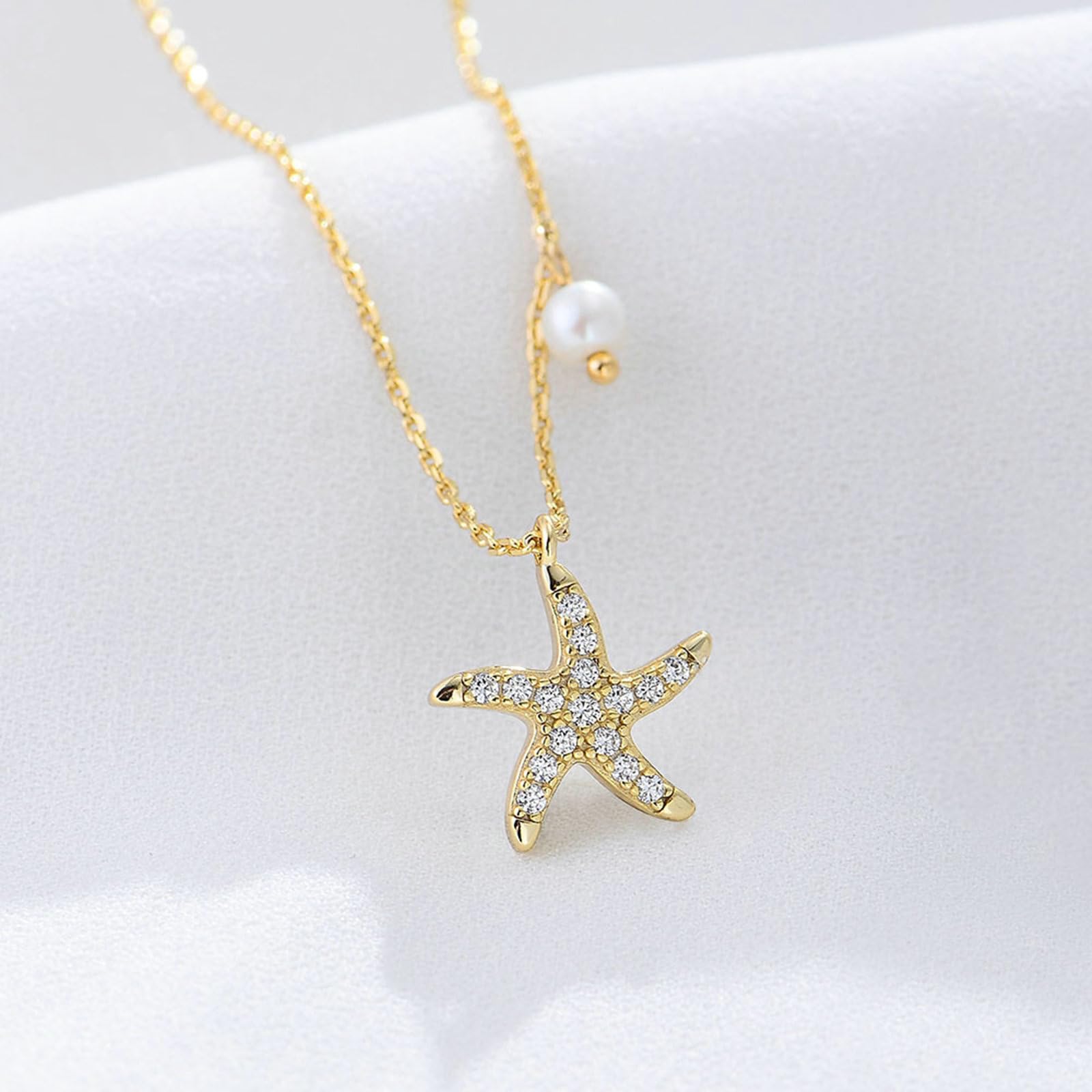 Collar con colgante de oro de 9 quilates, 14 quilates y 18 quilates para mujer, colgante de estrella de mar con diamante, cadena de oro 375, 585, 750, 45 cm, joyería real