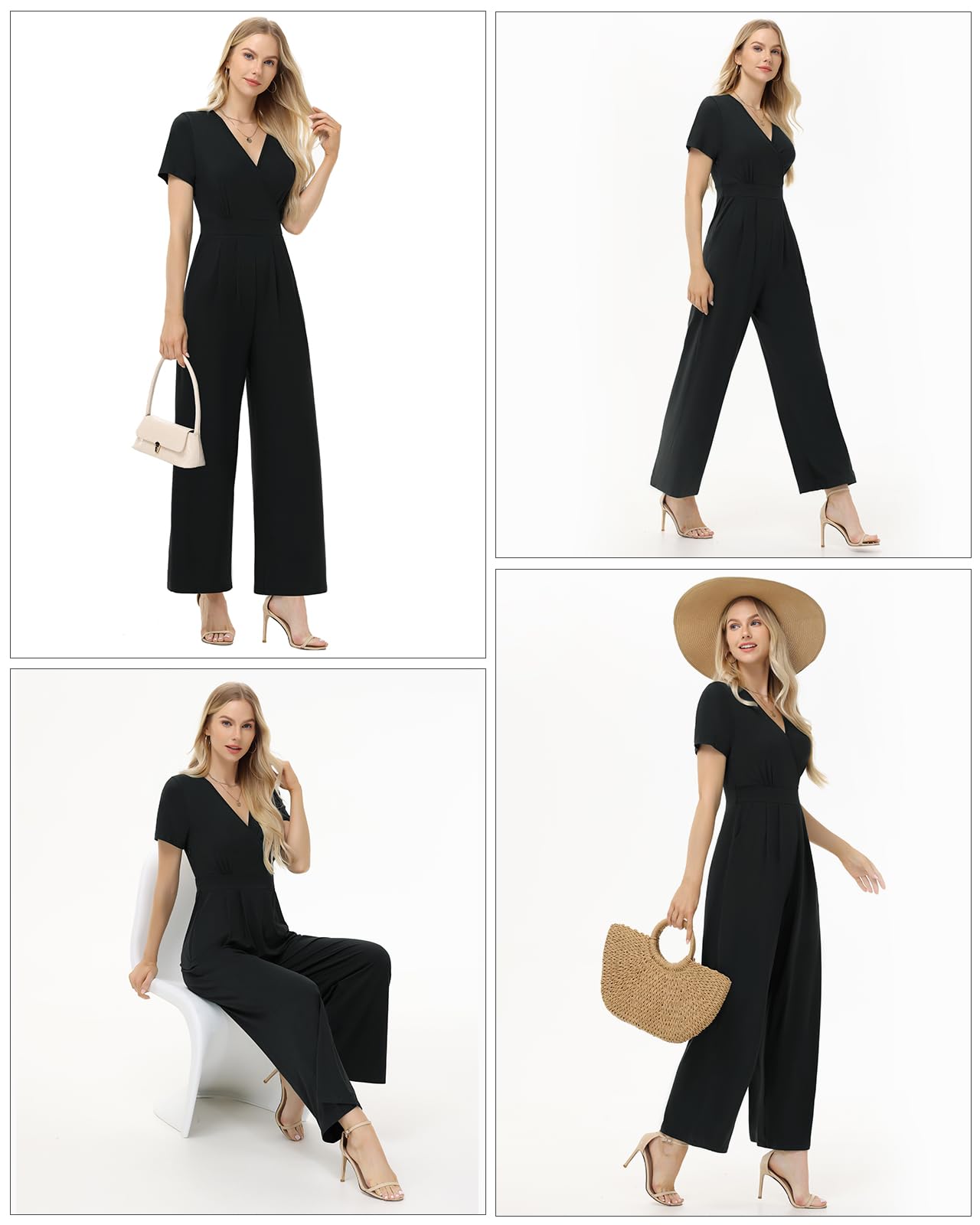 Tanmolo Damen Jumpsuit Elegant Sommer Kurzarm V-Ausschnitt Overall Weites Bein Romper Mit Taschen