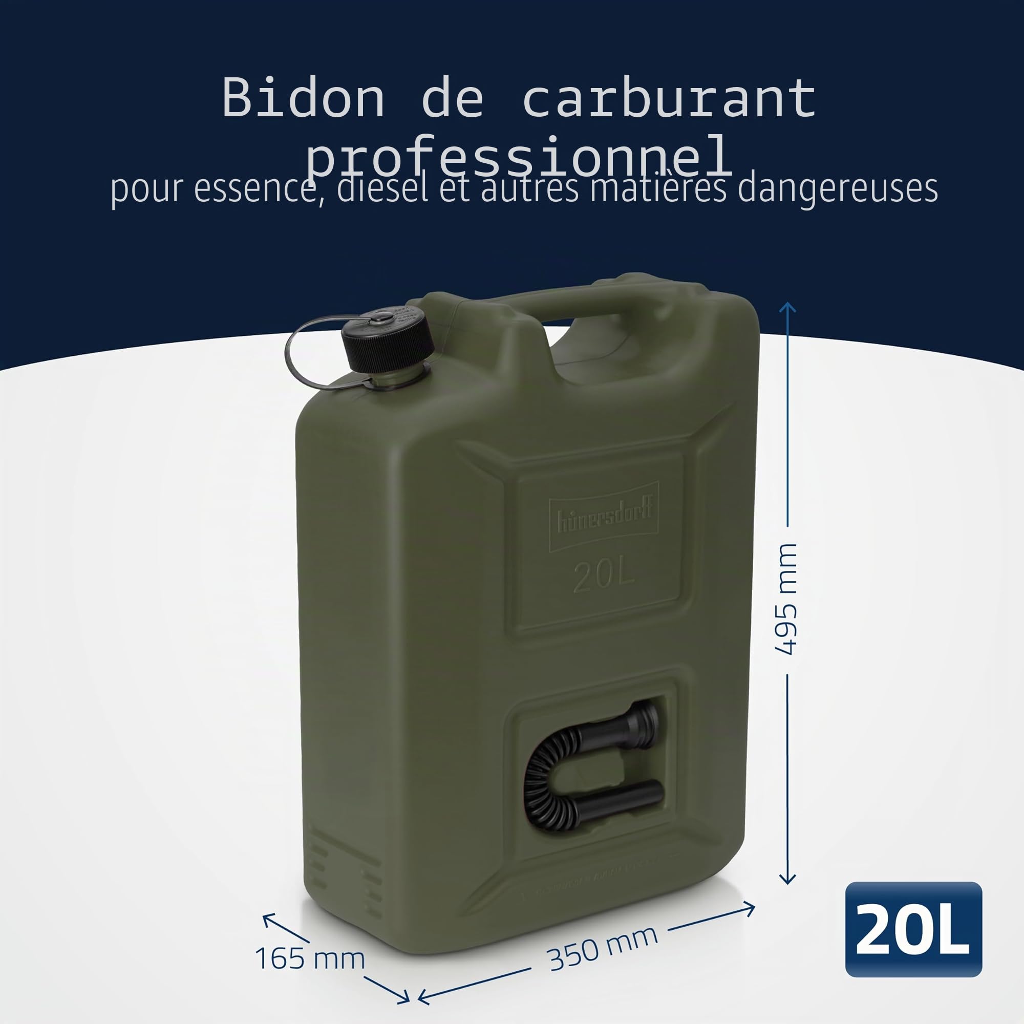 Hünersdorff Lot de 3 bidons de Carburant Professionnels de 20 l pour Essence, Diesel et Autres Produits Dangereux, fabriqué en Allemagne, Production certifiée TÜV, Olive