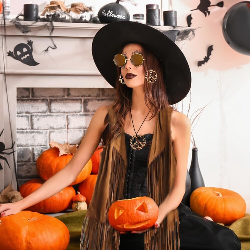 Hippie Kostüm-Set Für Damen – Mit Fransenweste, Stirnband, Sonnenbrille & Schmuck (Gr. XL)