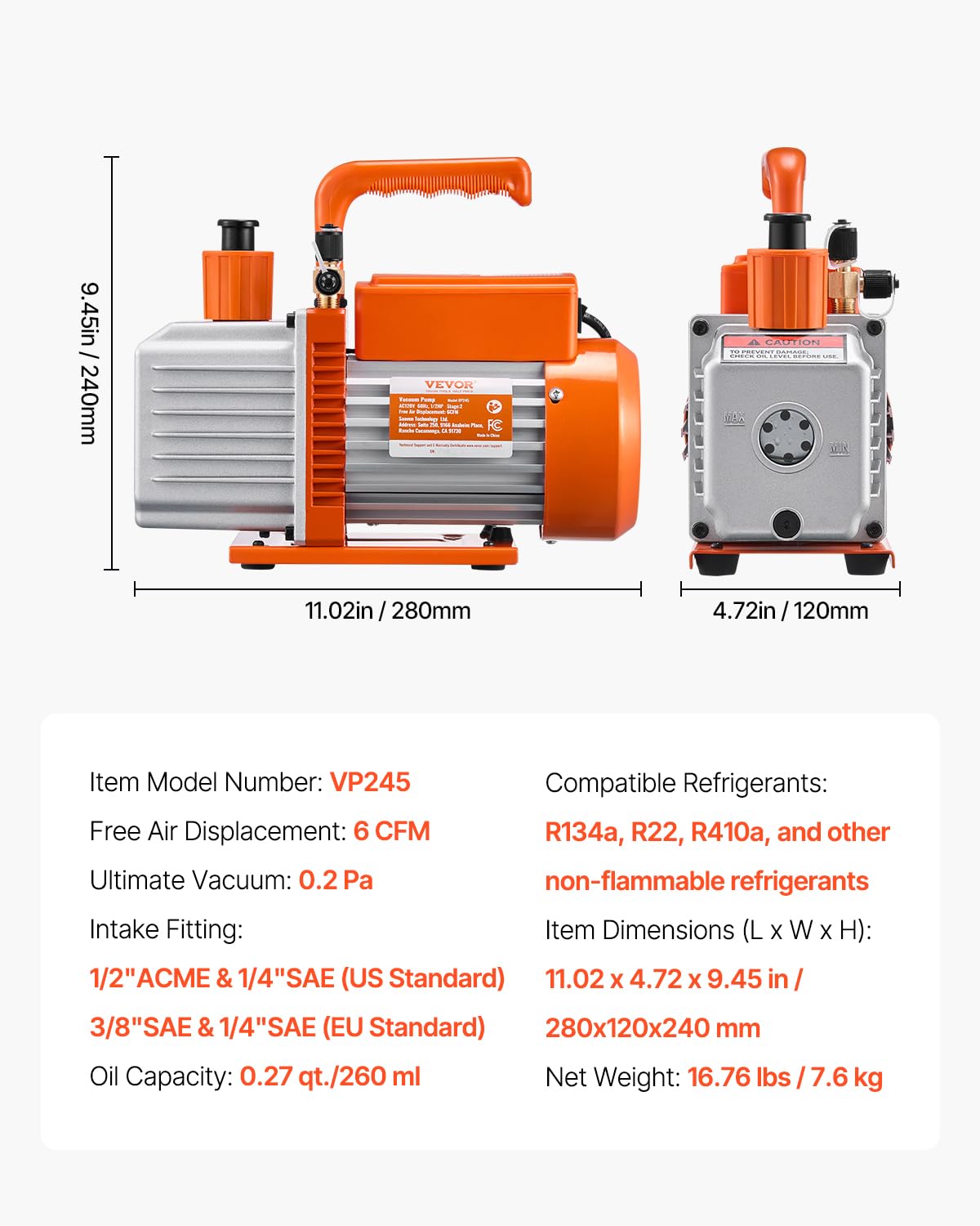 VEVOR Pompa per Vuoto 6 CFM, Pompa per Vuoto a Palette Rotanti 2 Stadio HVAC per Sistemi Kit Pompa per Vuoto AC per Auto con Contenitore per Olio per Manutenzione Aria Condizionata da Veicoli