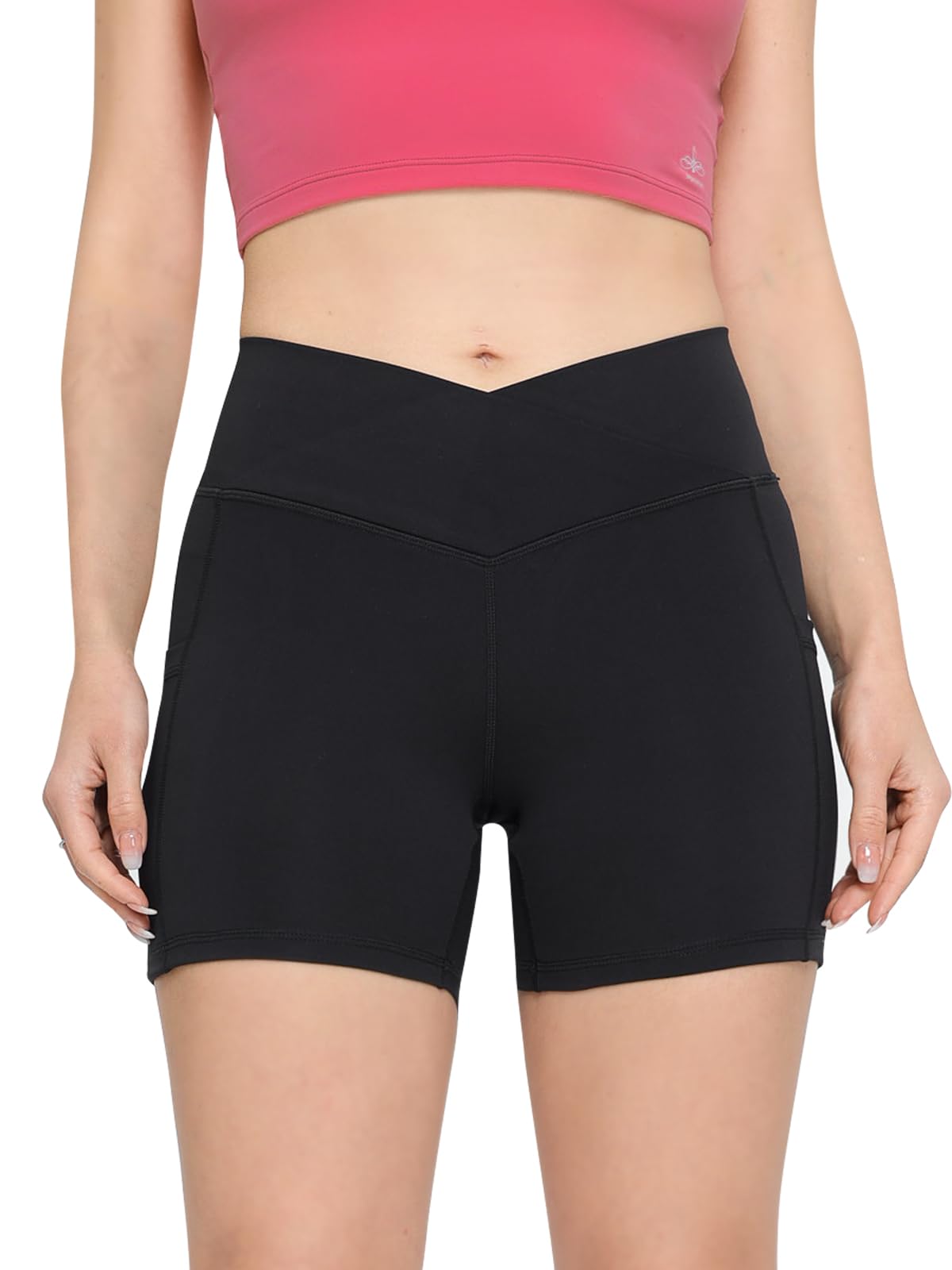 skytiebee Crossover Biker Shorts with Pockets for Women, High Waist Yoga Workout Gym Shorts, 4