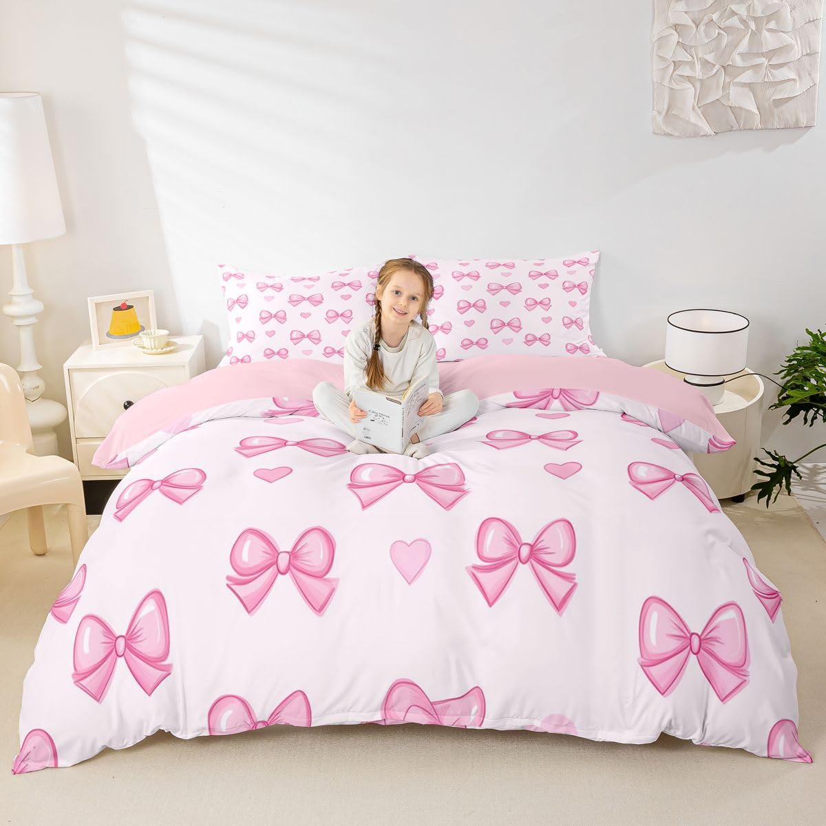 Homewish Juego de ropa de cama doble con diseño de corazones y lazos rosados para niños y niñas, funda de edredón con lazo de princesa, bonito juego de cama