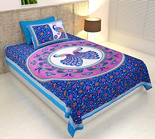 Serene Decor™ Jaipuri Bedsheet, 200 TC Single Bed Cotton Bedsheet and 1 Pillow Cover, Plain Premium, Platinum Superior Elegant (60 X 90 inches) (Blue)