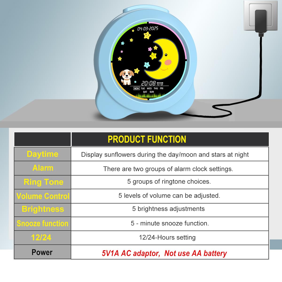 Sveglia per bambini, display a LED con sole e luna, con giorno e data, OK to Wake Clock con luce notturna, per bambini e bambini, regalo per ragazzi e ragazze (blu)