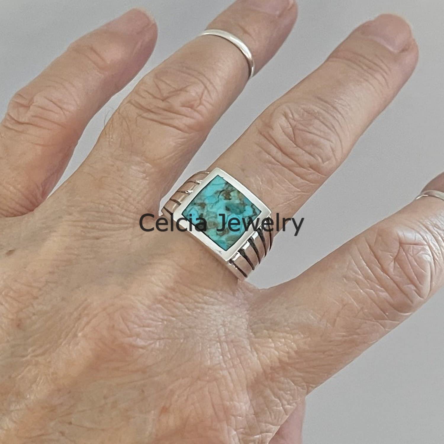 Echter Türkis-Edelstein-Unisex-Ring, Siegelring, Statement-Ring, schwerer Herren-Geschenkring, einzigartiger Vater-Mutter-Geschenkring, schöner Dezember-Geburtssteinring