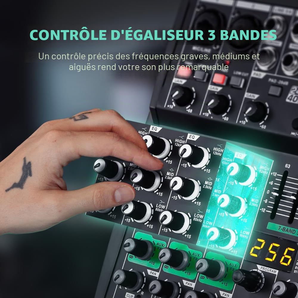 BOMGE Table de mixage audio professionnelle, console de son, système de bureau, interface 8K, USB, Bluetooth, entrée ordinateur MP3, 48 V, alimentation fantôme, stéréo, studio DJ, FX 256 bits DSP pour