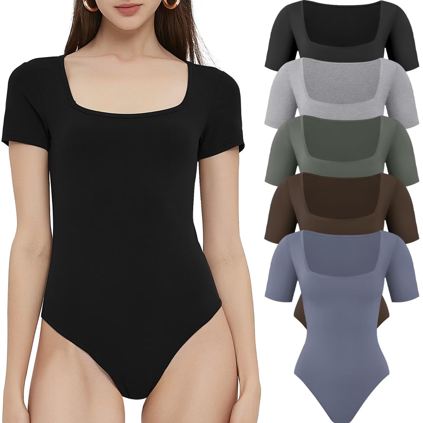 CE' CERDRWomen’s 5 Pack Short Sleeve Bodysuits Square Neck T-shirt Basic Casual Tops Body suit