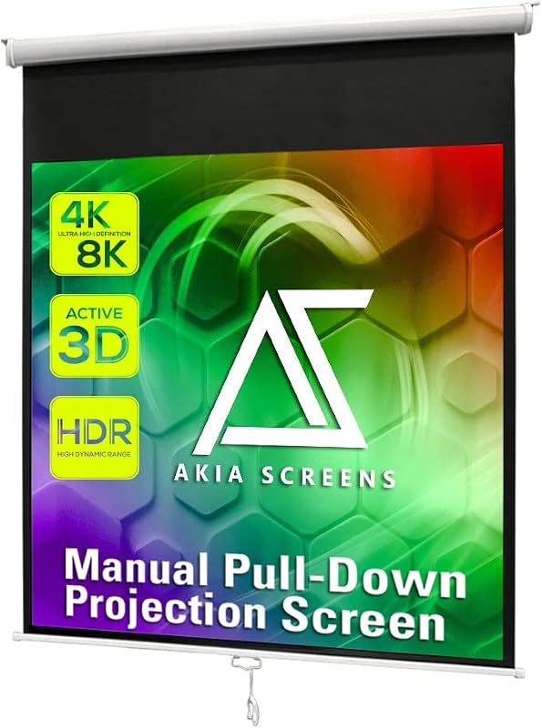 Akia Screens 125" Manual Pull Down Projector Screen, 1:1 Retractable Projection Screen, Auto Lock Ceiling & Wall Mount, 8K 4K HD Ready, White Case, AK-M125S1.