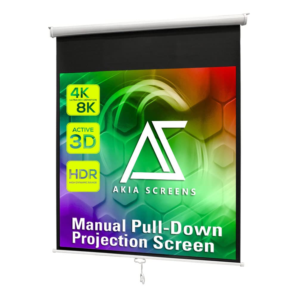 Akia Screens 125" Manual Pull Down Projector Screen, 1:1 Retractable Projection Screen, Auto Lock Ceiling &amp; Wall Mount, 8K 4K HD Ready, White Case, AK-M125S1.