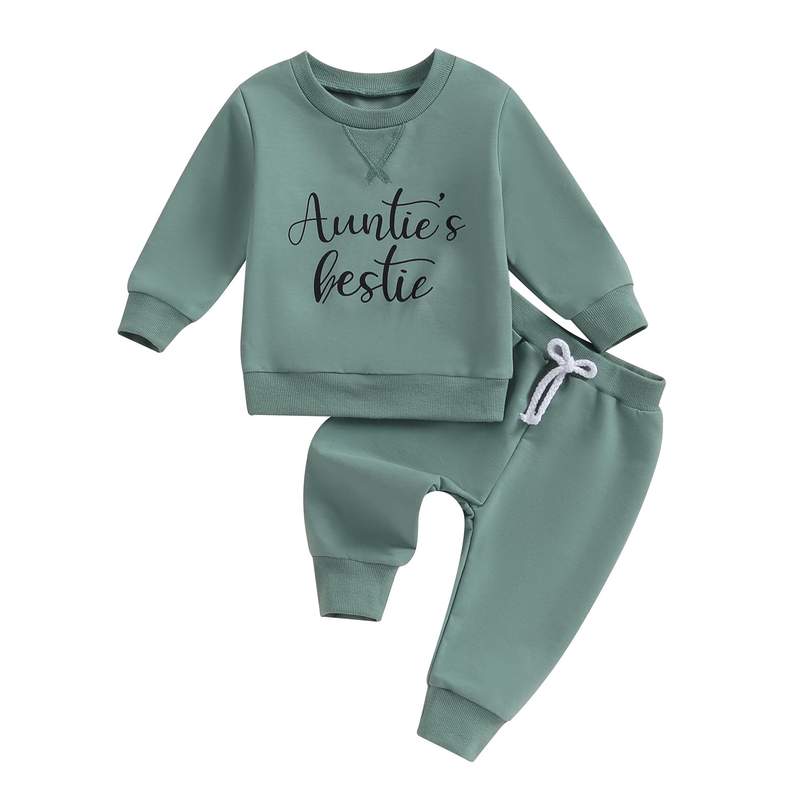 Ursobutegl Toddler Baby Girl Clothes Aunties Bestie Letter Print Long Sleeve Sweatshirts Top Pants Set Fall Winter Outfit (Green, 2-3 Years)