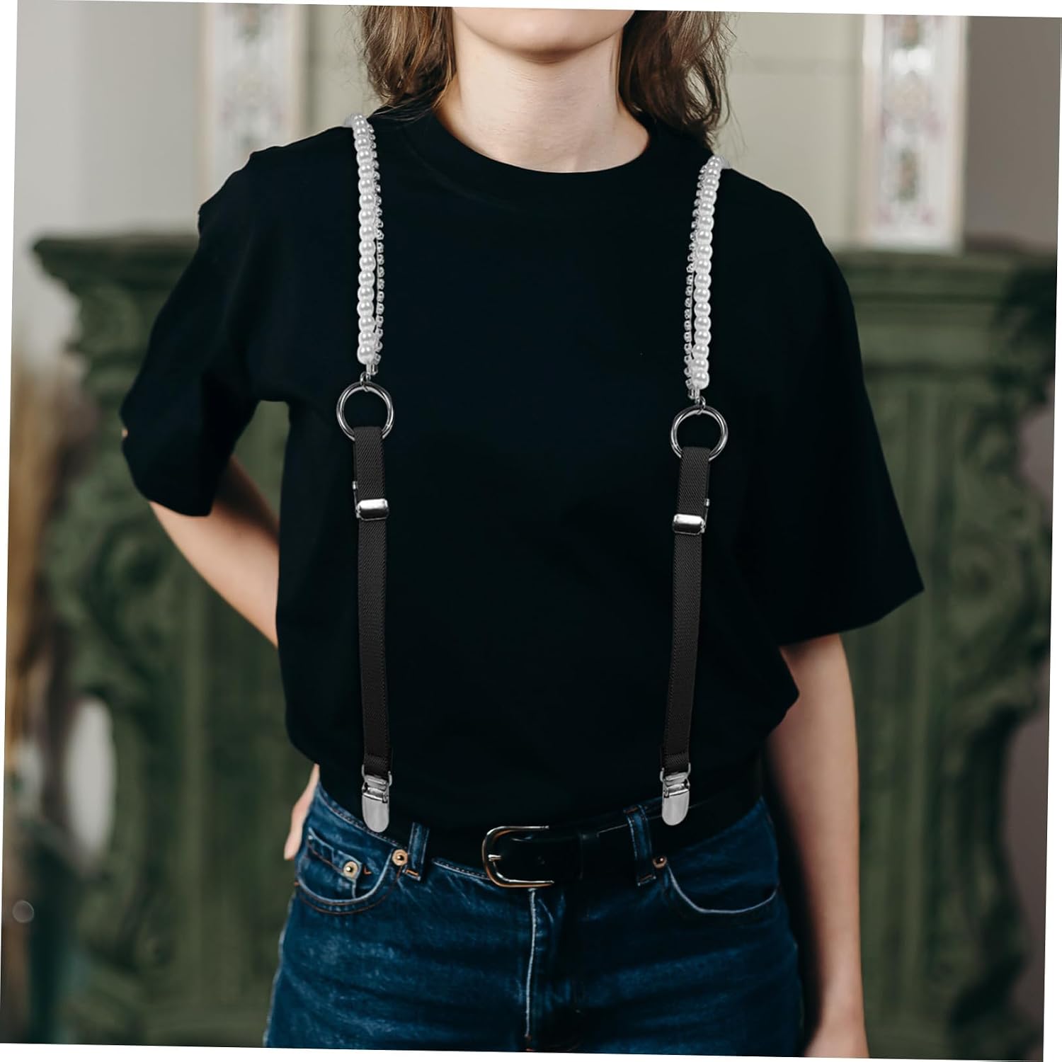 Women Elastic Pearl Suspenders with Rhinestone Chain and Triple-clip Design, Y Shape Back Suspenders for Pants under Clothes, Secure Hold and Comfortable Fit, for Parties and Daily