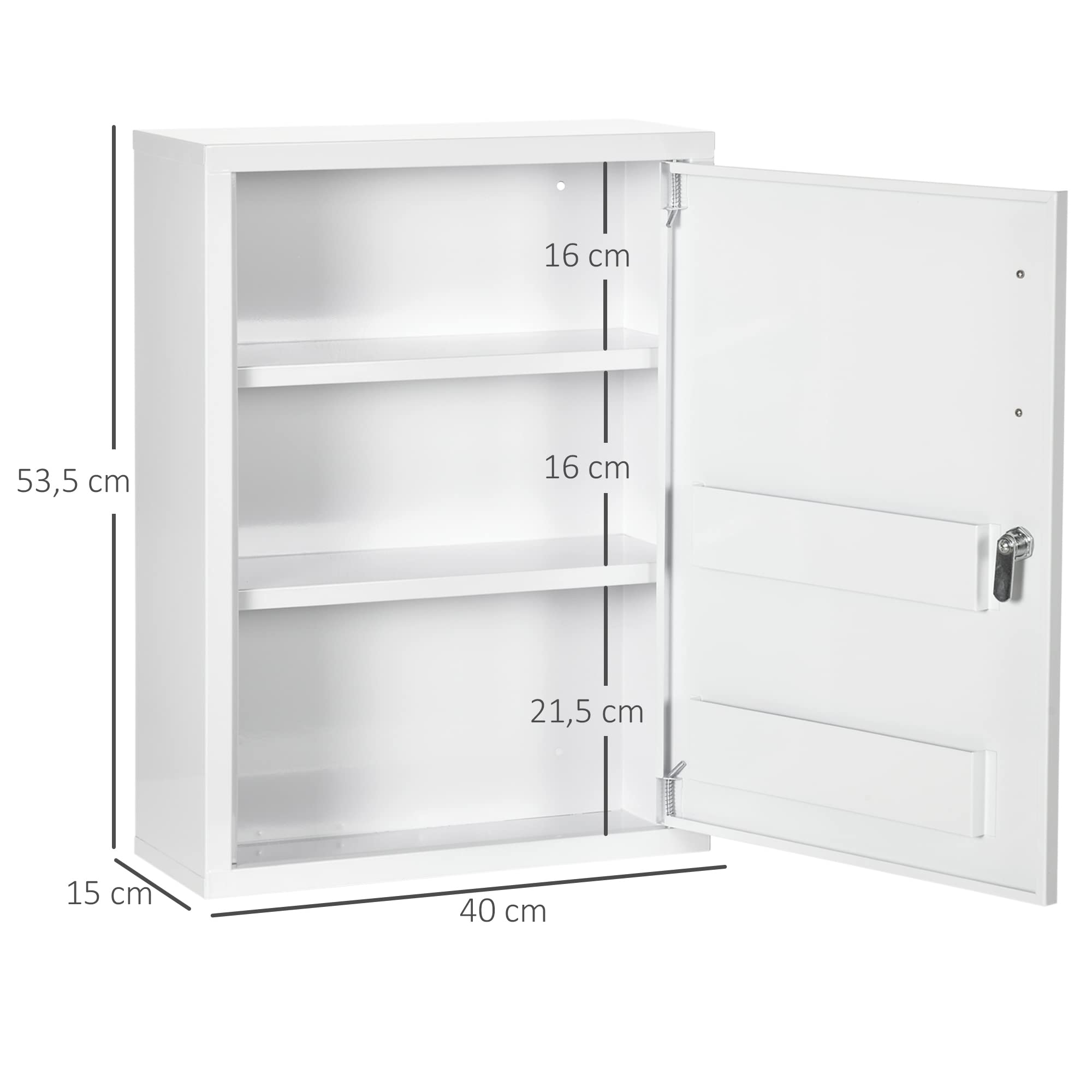 kleankin Medizinschrank aus kaltgewalztem Stahl Arzneischrank zur Medikamenten-Aufbewahrung, Abschließbar Erste Hilfe Schrank mit 3 Fächer, 40 x 15 x 53,5 cm, Weiß