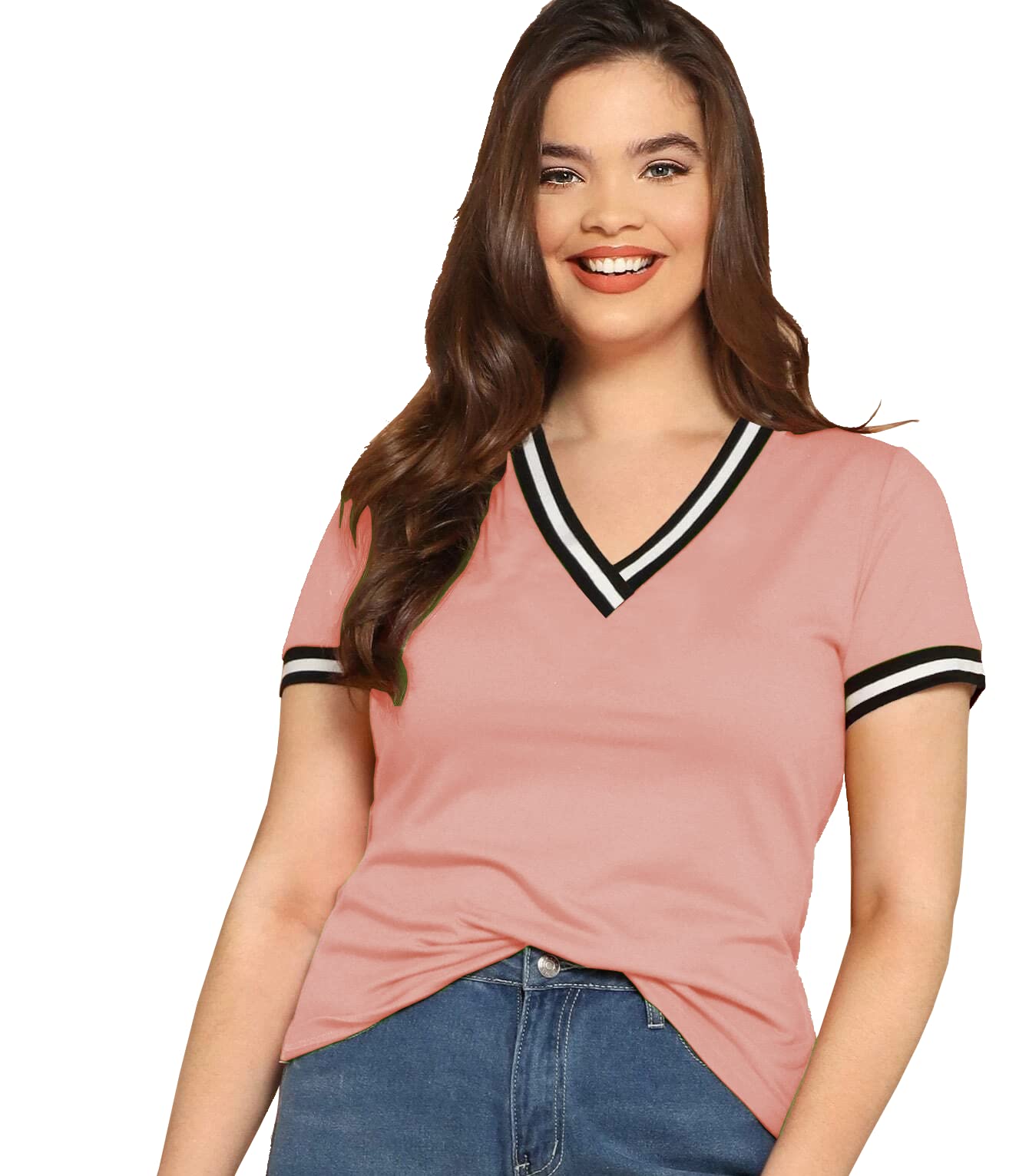Women's Multi Colour Rib Short Sleeve T-Shirt.