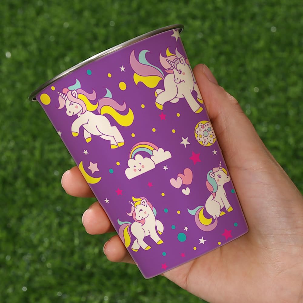 LOZACHE Stainless Steel Kids Cups, 4 Pack 12oz Metal Drinking Pint Cup with Fun Prints (Unicorn, Mermaid, Dinosaur, Vehicles), Stackable Drinking Glasses, BPA Free, Reusable for Home Party Camping - Image 6