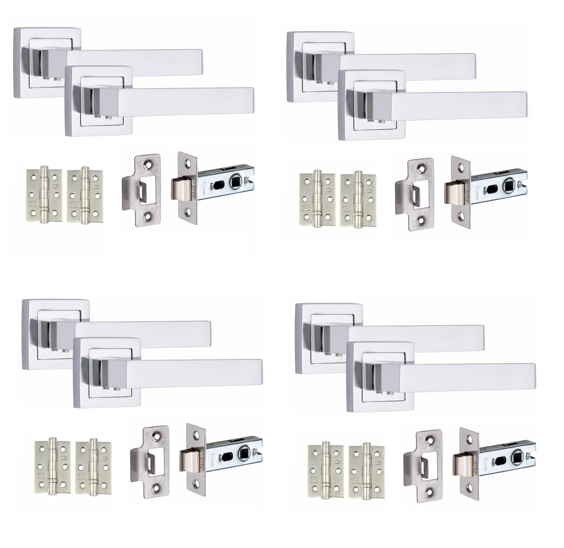 Golden Grace Premium Delta Design Door Handles on Square Rose in Polished Chrome with 2.5" Latch & 1 Pair of Ball Bearing Hinges 4 Pairs