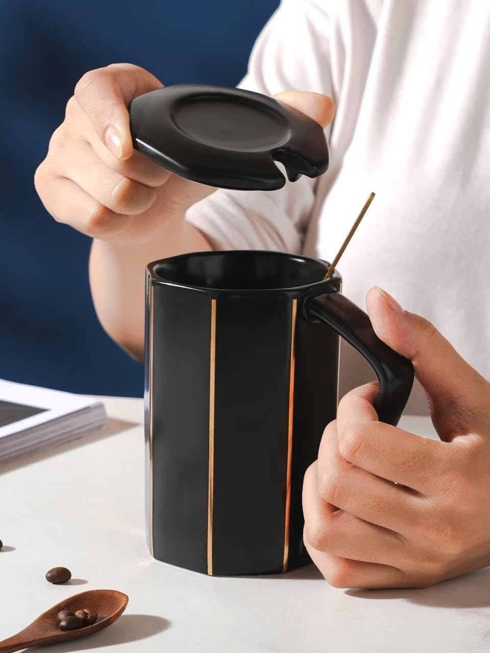 Dravina Coffee Mug - Microwave Safe Ceramic Mugs For Coffee With A Spoon & A Lid | Aesthetic Coffee Mugs (Black Cat Mug With Spoon + Lid), 400 Ml (B0D83K8LV1) Amazon Price History, Amazon Price Tracker