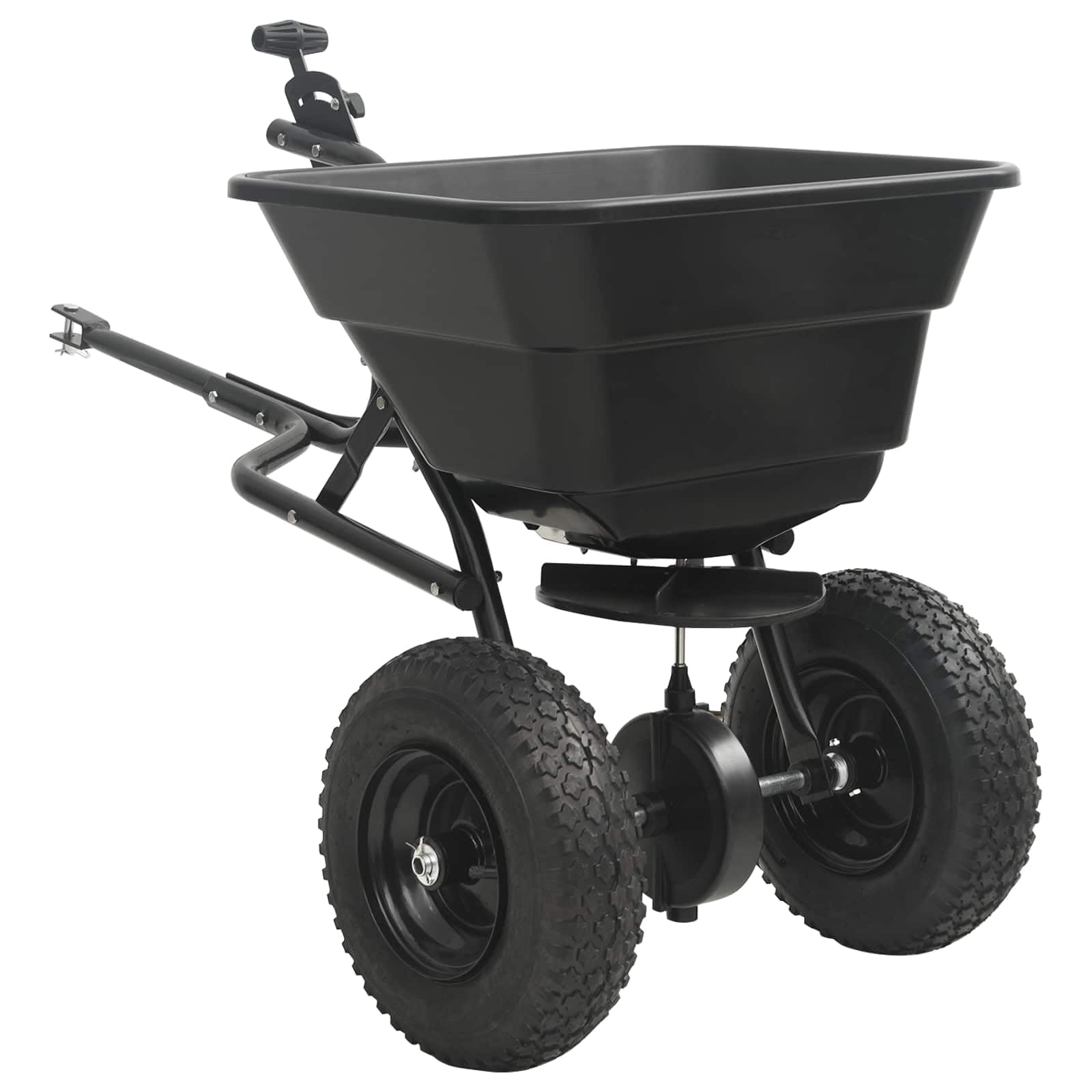 Épandeur noir en PVC robuste et acier 53 x 108 x 74 cm, épandeur manuel ergonomique pour l'entretien de la pelouse, les graines et les engrais, compact et réglable pour jardin, trottoirs et