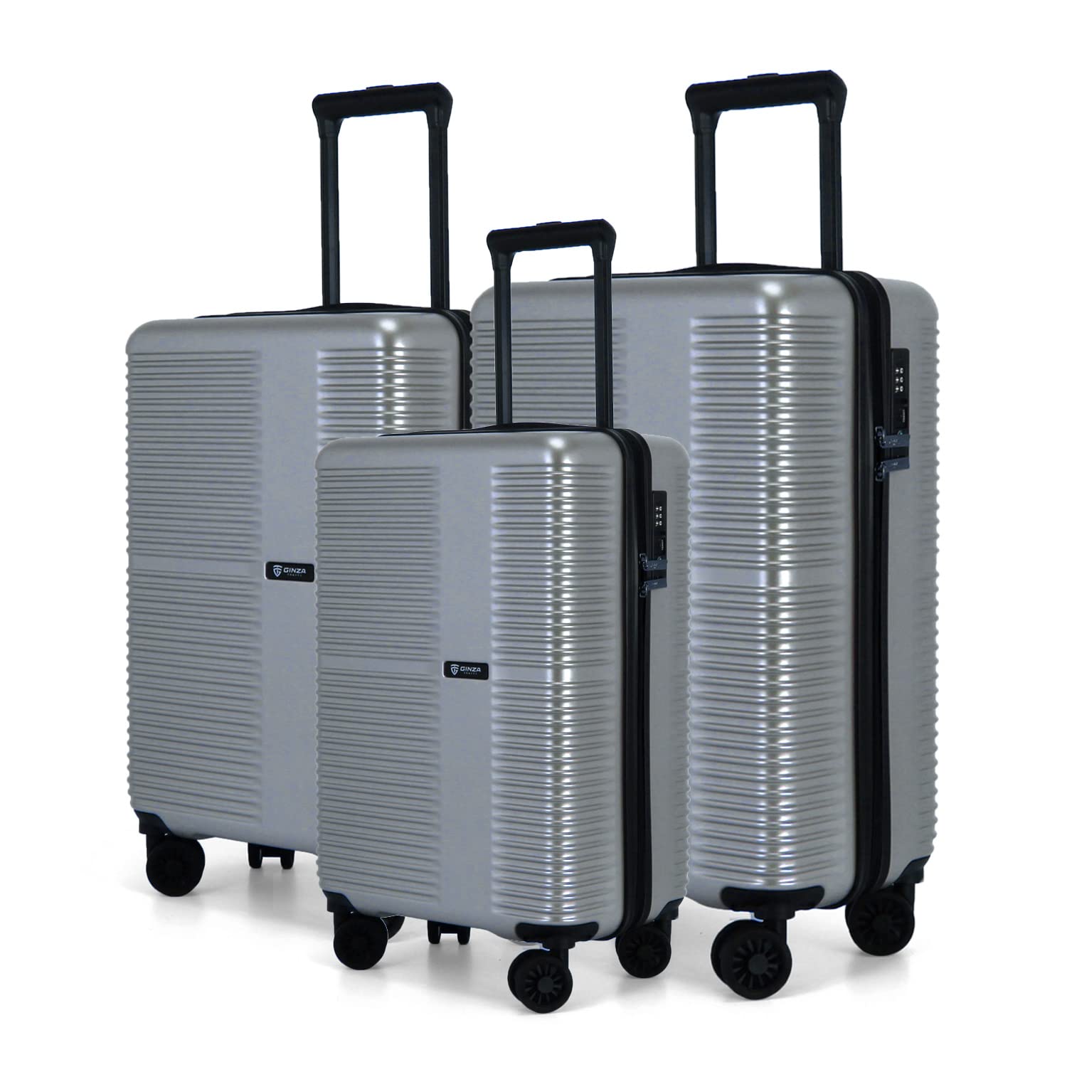 GinzaTravel business series, PC material, TSA lock, rare color standard size suitcase (Silver, 3-Pc Set (20”-24”-28”))