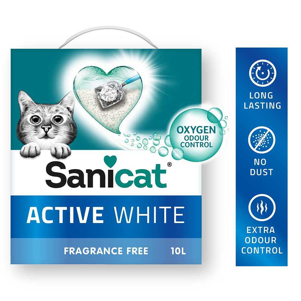 Sanicat Active White - Arena aglutinante para Gatos sin Perfume | Hecha de minerales Naturales con Control de olores | Absorbe la Humedad y facilita la Limpieza | Capacidad de 10 L