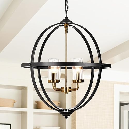 Treekee Lámpara de araña rústica, cubierta de cristal con acabado negro y dorado, de lujo, 4 luces de globo vintage, lámparas de techo colgantes disponible en Yaxa Venezuela