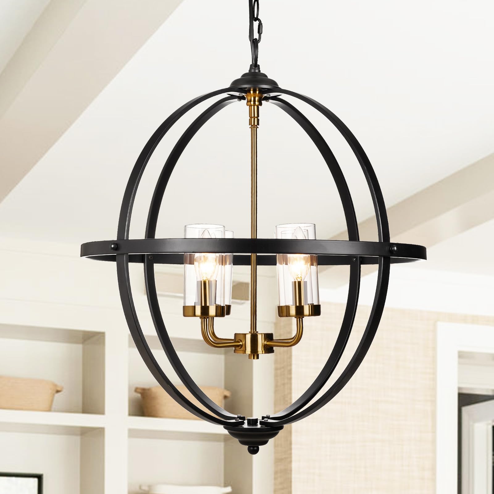 Treekee Rustic Chandelier, 20" Black and Gold Finish Glass Cover Luxurious Hanging Light, 4 Lights Globe Vintage Pendant Ceiling Light Fixtures for Living Room Entry Way Hallway