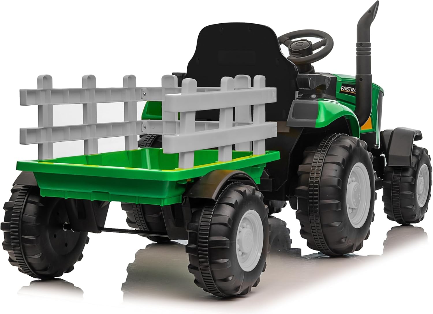 Trattore Elettrico per Bambini 12V con Ruote in Gomma e Rimorchio – Maxi Trattore a Batteria con Telecomando, Soft Start, Cintura di Sicurezza, Luci LED, MP3 USB, 2 Motori 35W (Verde)