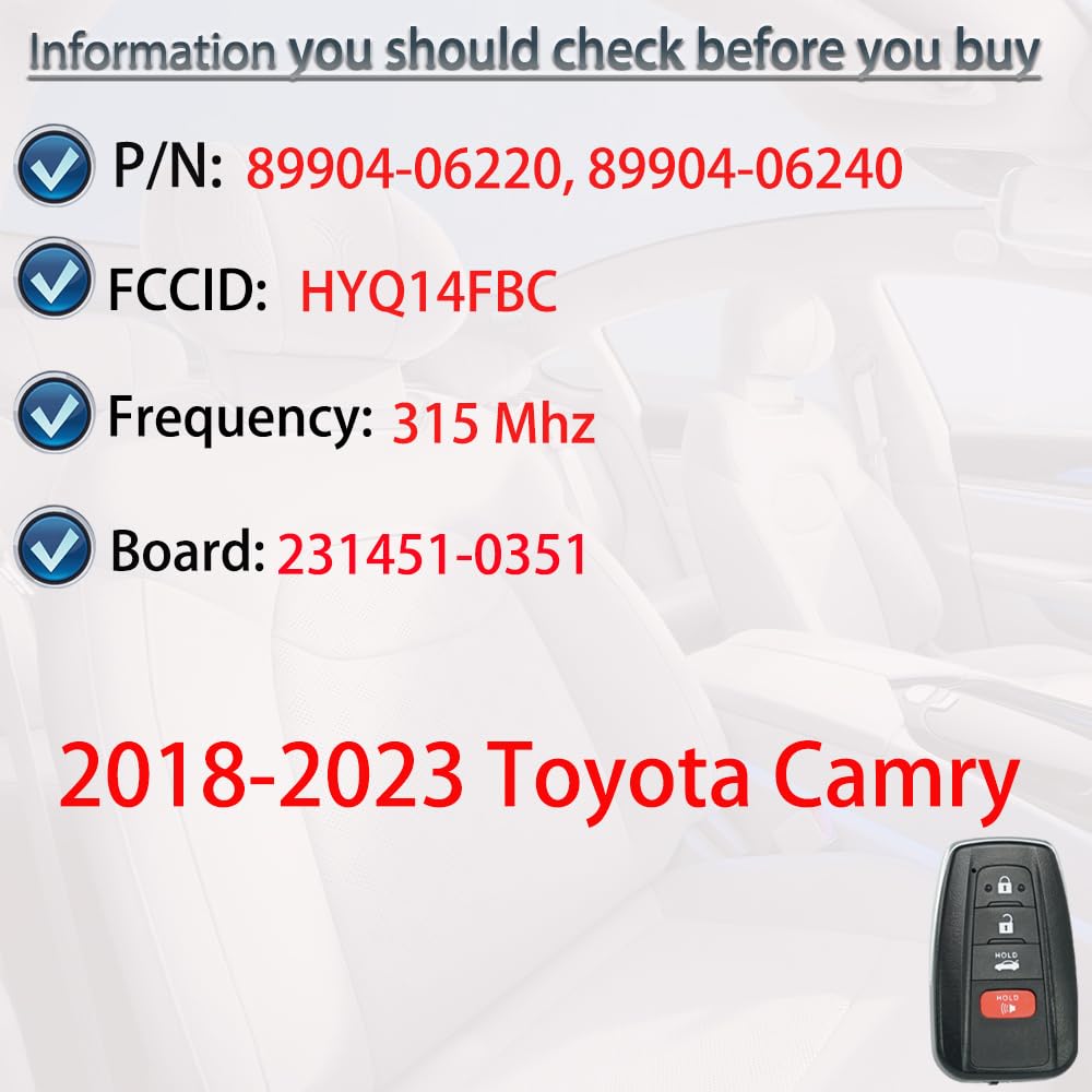 SUPALAND Smart Key Fob Fits for Toyota Camry 2018 2019 2020 2021 2022 2023 Keyless Entry Remote Control Key Replacement HYQ14FBC 231451-0351 Board P/N:89904-06220 314MHz