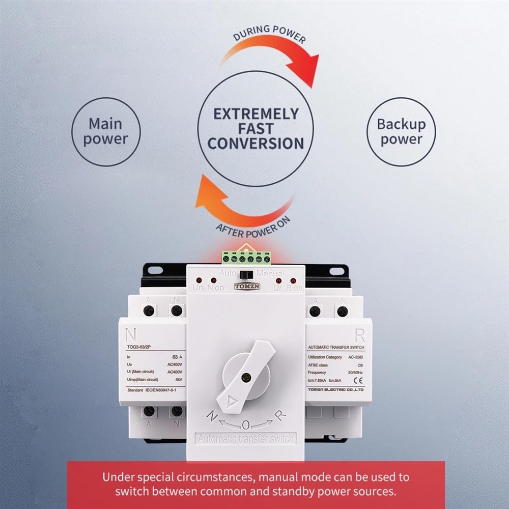Salvavita Riarmo Automatico 2 Ingresso 1 Outpout 2P 63A 230V 50/60 Hz. MCB. Tipo Dual Power Switch di trasferimento Automatico ATS. Differenziale Riarmo Automatico