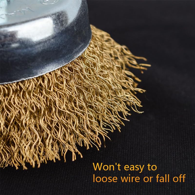 Image of 5 Pcs Wire Wheel Brush Set for Drill,Carbon Steel Wire Cup Wheel Coarse Crimped Abrasive Brass Coated Brushes with 1 /4 Inch Hex Shank for Rust Remova,Corrosion and Scrub Surfaces