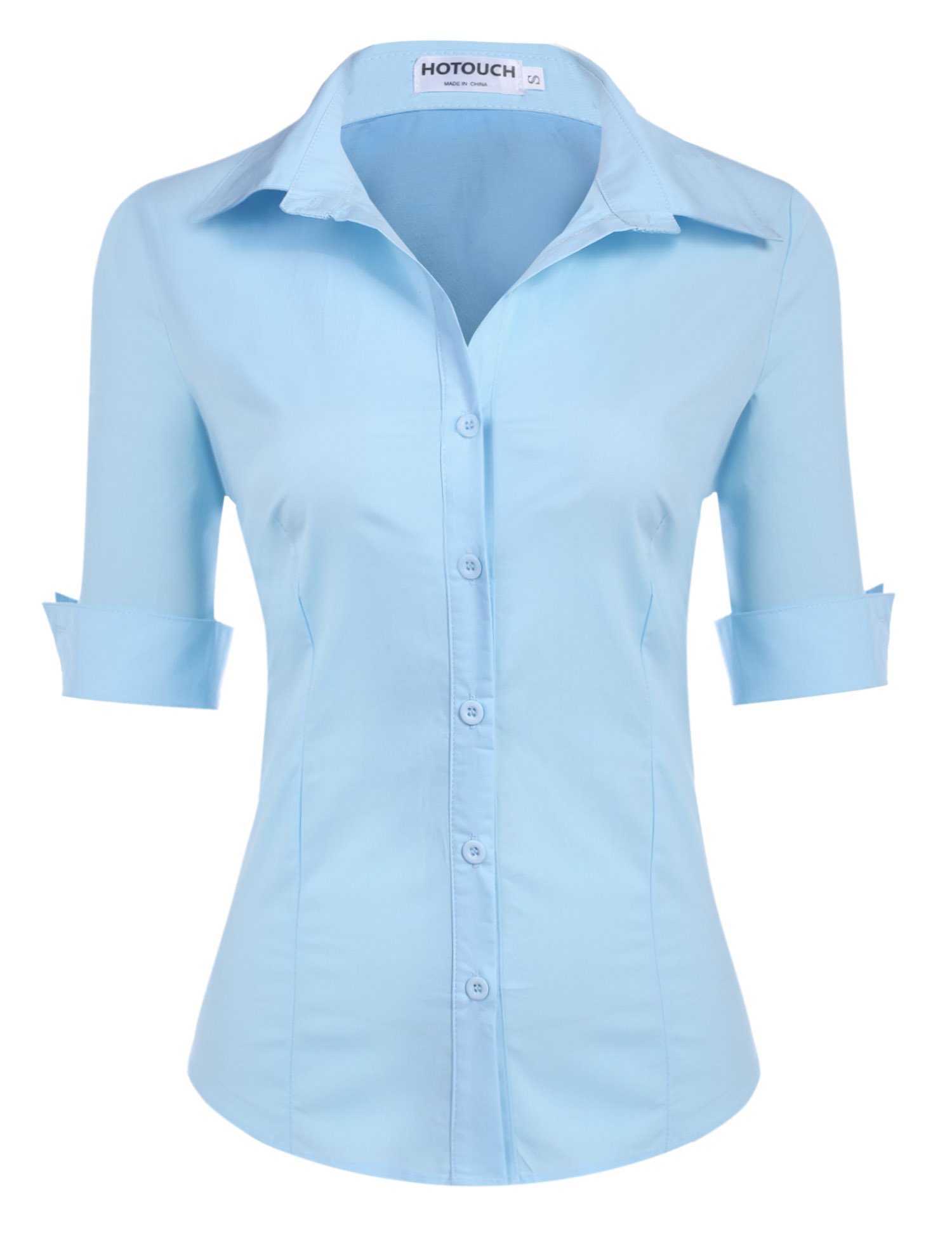 Hotouch Bluse Damen 3/4 Ärmel Slim Fit Hemd Sommer Hemdbluse Baumwolle Basic Shirt Business Blusen V-Ausschnitt Damenbluse Tops mit Knopleiste