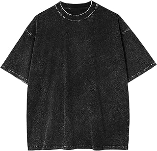 [KELIHAWK] ウォッシュ加工tシャツ メンズ オーバーサイズ 半袖Tシャツ ストーンウォッシュ カジュアル ティーシャツ ストリートウェア ゆったり カットソー ショルダードロップ ベーシック トップス 無地 丸首 柔らかい 夏服（ブラック/5XL）