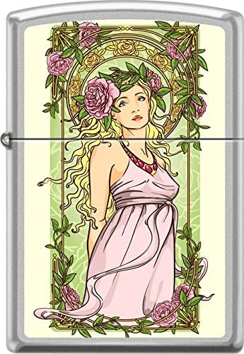 Zippo Nouveau Woman Green Floral Alphonse Mucha Style Satin Chrome Lighter