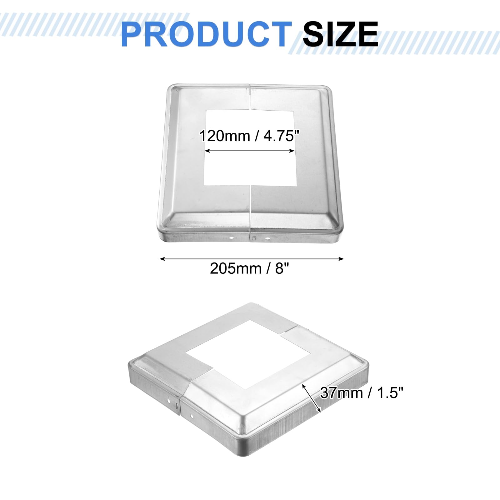 sourcing map Copertura per base post, 20 x 20 cm (dimensioni interne 12 x 11,9 cm), gonna per pali in stile spaccato, per ringhiere per ringhiere per scale, argento