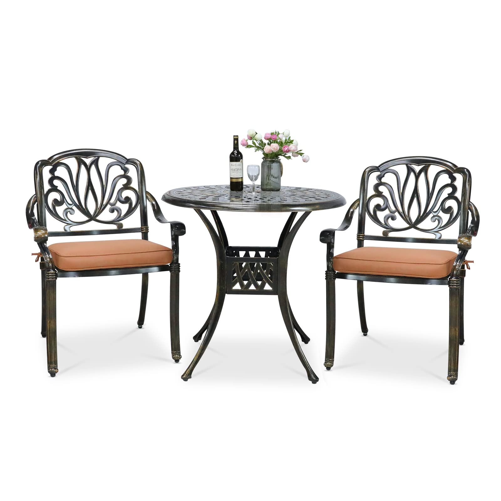 VIVIJASON 3-Piece Patio Furniture Dining Set, All-Weather Cast Aluminum Outdoor Bistro Set, Include 2 Chairs, 2 Cushions and 31" Round Table w/Umbrella Hole for Balcony, Lawn, Garden, Backyard