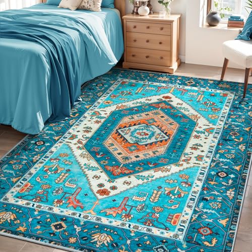 SERISSA Area Rug 3x5 Boho Blue Rugs for Bedroom, Washable Non-Slip Kitchen Rugs, Ultra Soft Print Distressed Tribal Entry Rug Low-Pile Throw Rug Carpet for Bedroom Nursery Living Room Dorm Decor