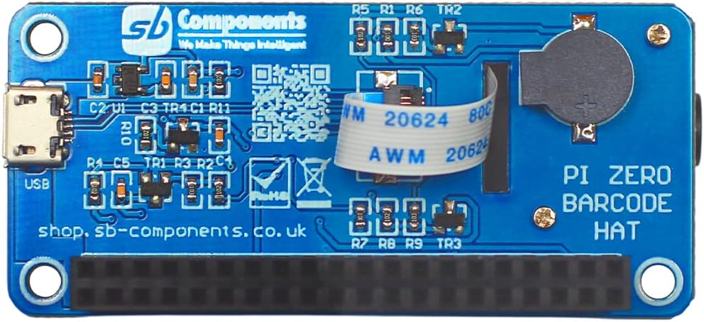Rear view of the sb components Zero Barcode HAT, showing the PCB layout, components, and the 'sb components' logo.