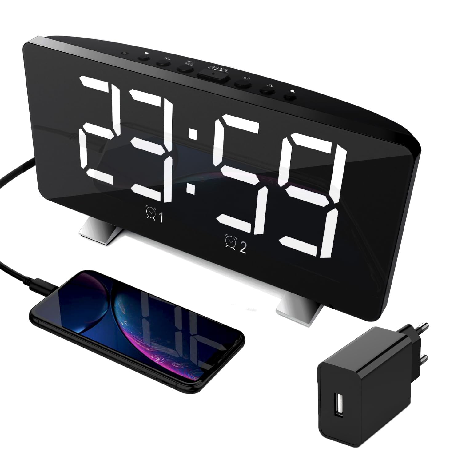 Reloj despertador digital con radio, 4 niveles de luminosidad, volumen ajustable, función de repetición, puerto de carga USB, modo 12/24 h, adaptador incluido