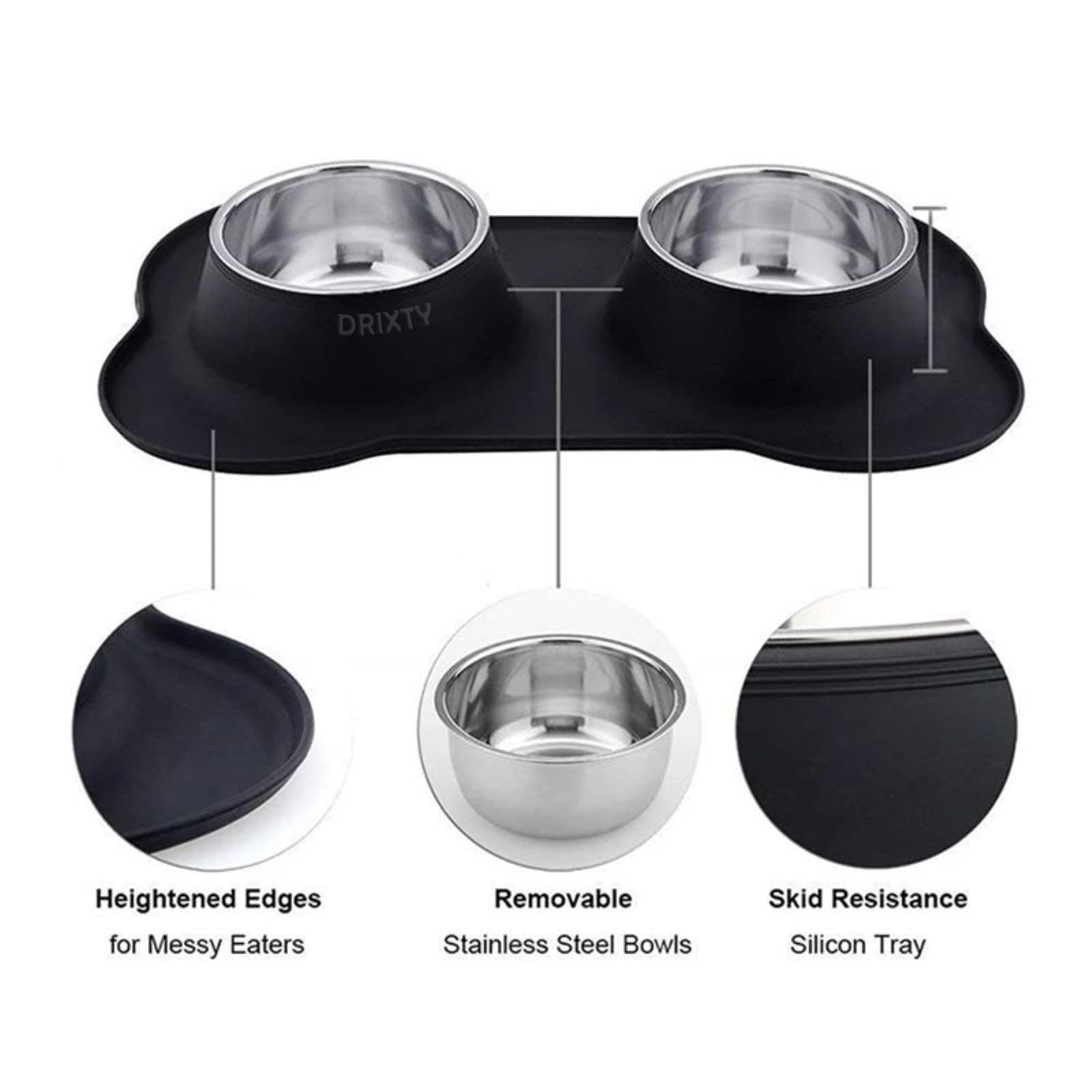 DRIZA Dog Bone Shaped Stainless Steel Food and Water Bowl with Foldable Silicon Mat for Small Dogs | Puppies, and Cats Anti Spill, Anti Skid Design- Multicolor 1