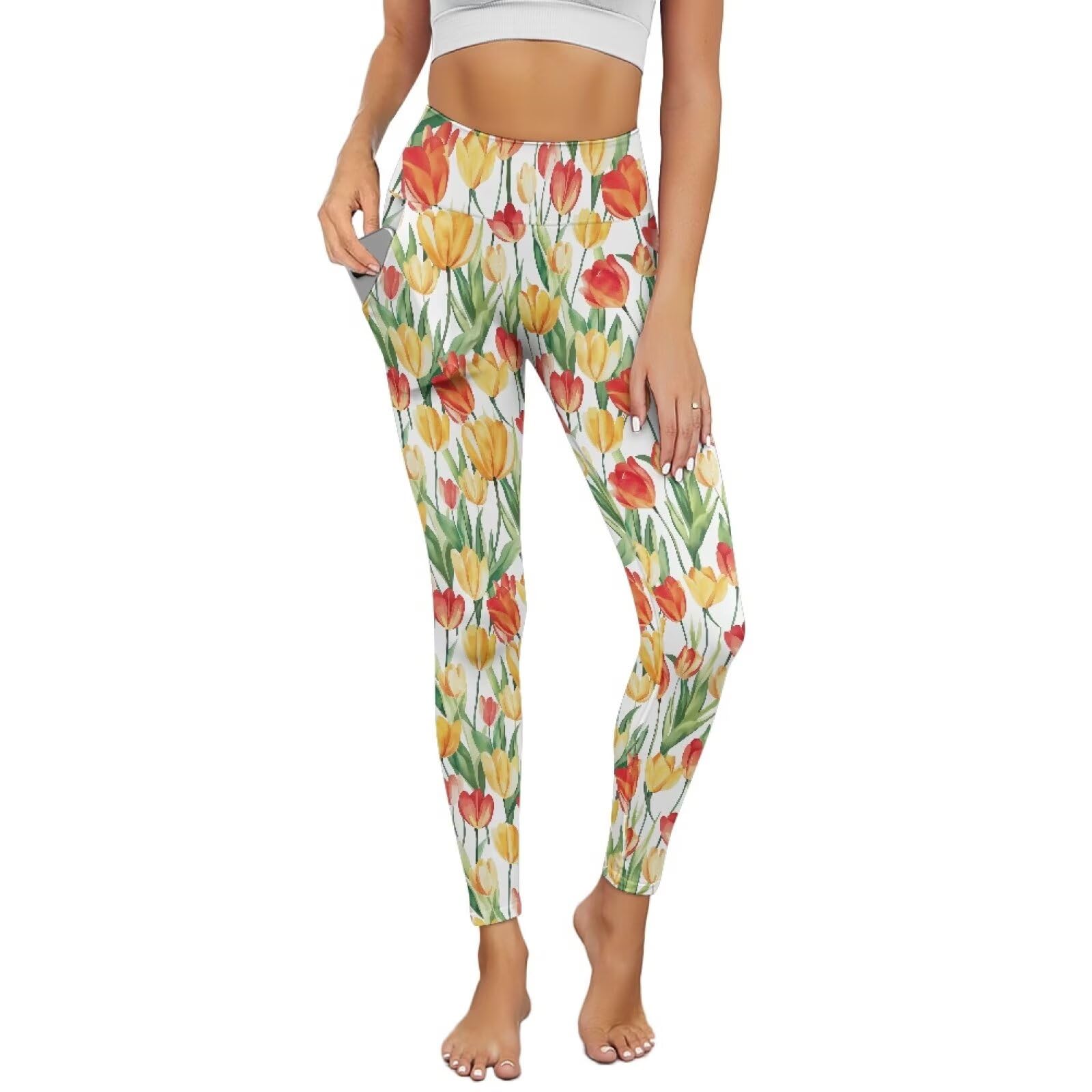 Women's High Waist Yoga Pants with Pockets Tulip Yoga Leggings Tummy Control Workout Stretch Leggings Size XS-3XL