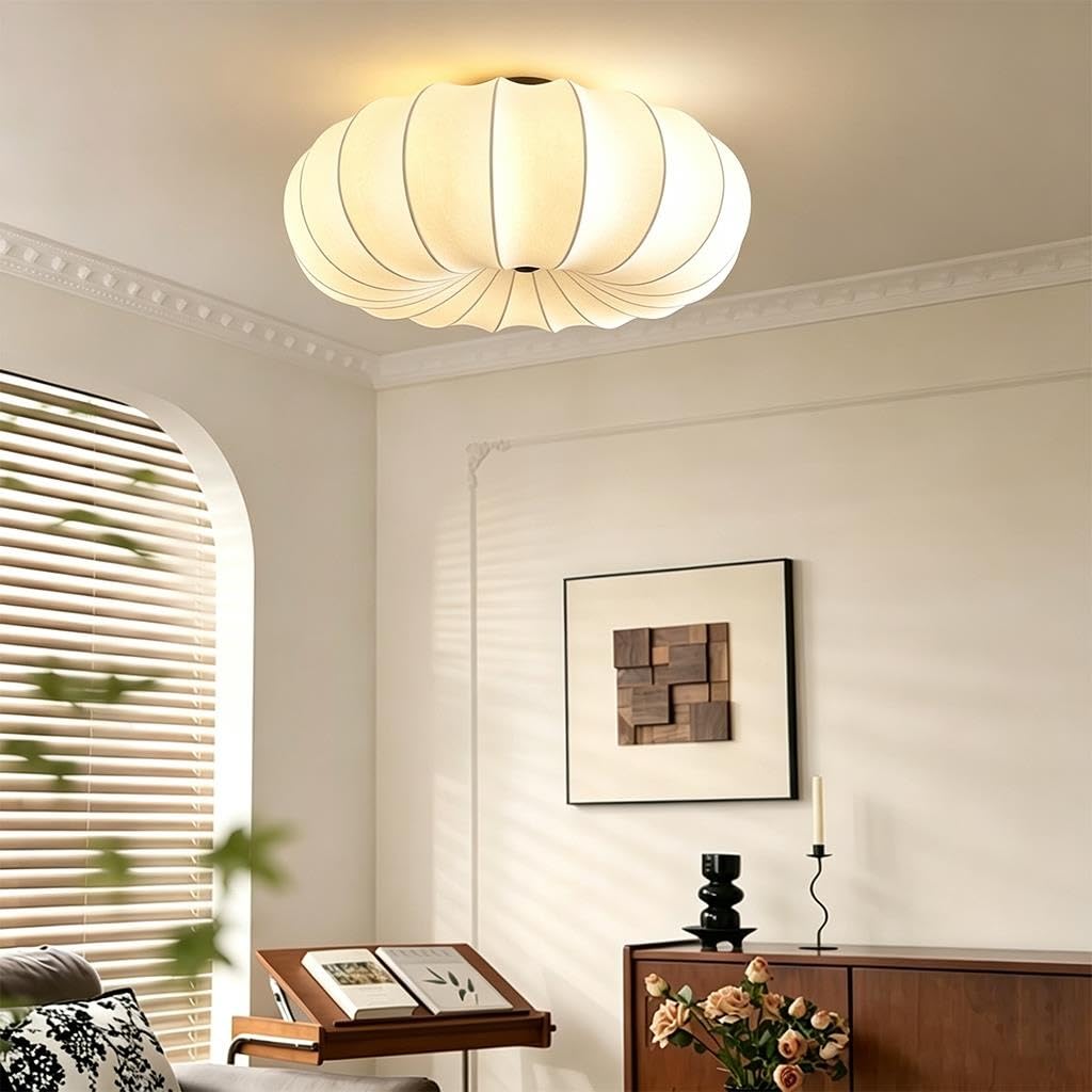 Lámpara De Techo WABI Sabi Japandi Suave Forma De Calabaza Plafón De Seda Artificial Premium Pantalla De Tela Cosida A Mano Exquisita Iluminación De Techo para Dormitorio Sala Comedor(40cm)