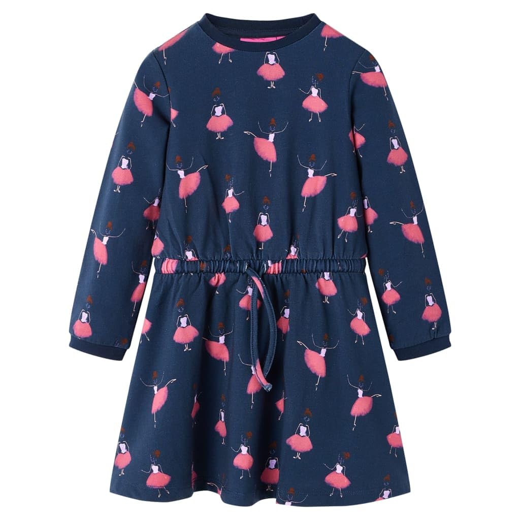 Vestido infantil azul marino para niña, vestido de algodón de manga larga con estampado de bailarinas, transpirable, cómodo, adecuado para uso diario, fiesta, cumpleaños, escuela, vacaciones