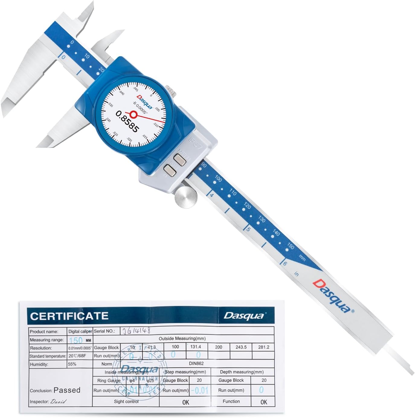 - Dasqua Digital Dial Calipers 6"/150mm IP67, Resolution 0.0005", Accuracy ±0.001”, Inch/Metric/Fractional Conversion Measuring Tool